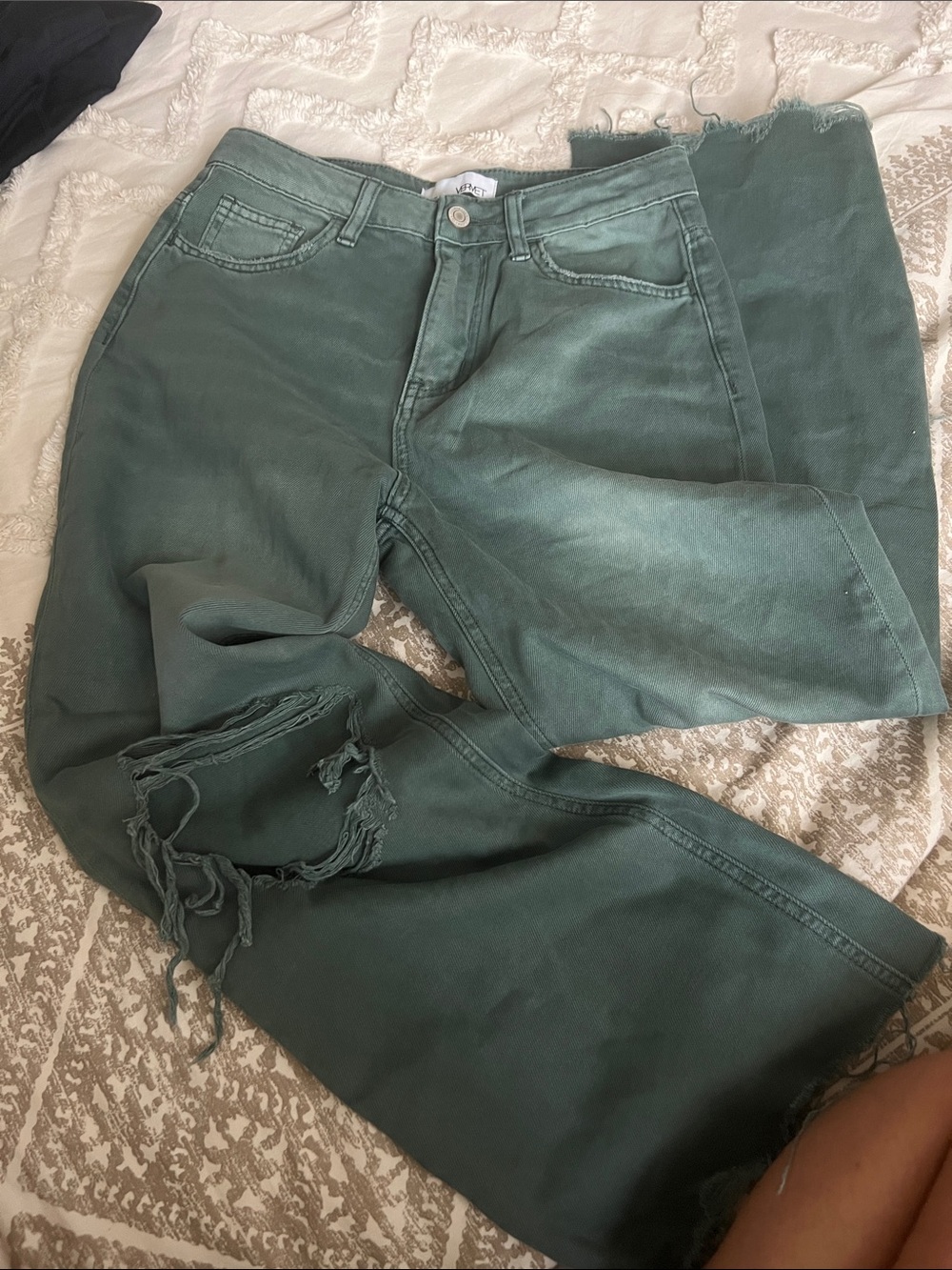High-Rise Ankle Crop Distressed Pants in Teal Green